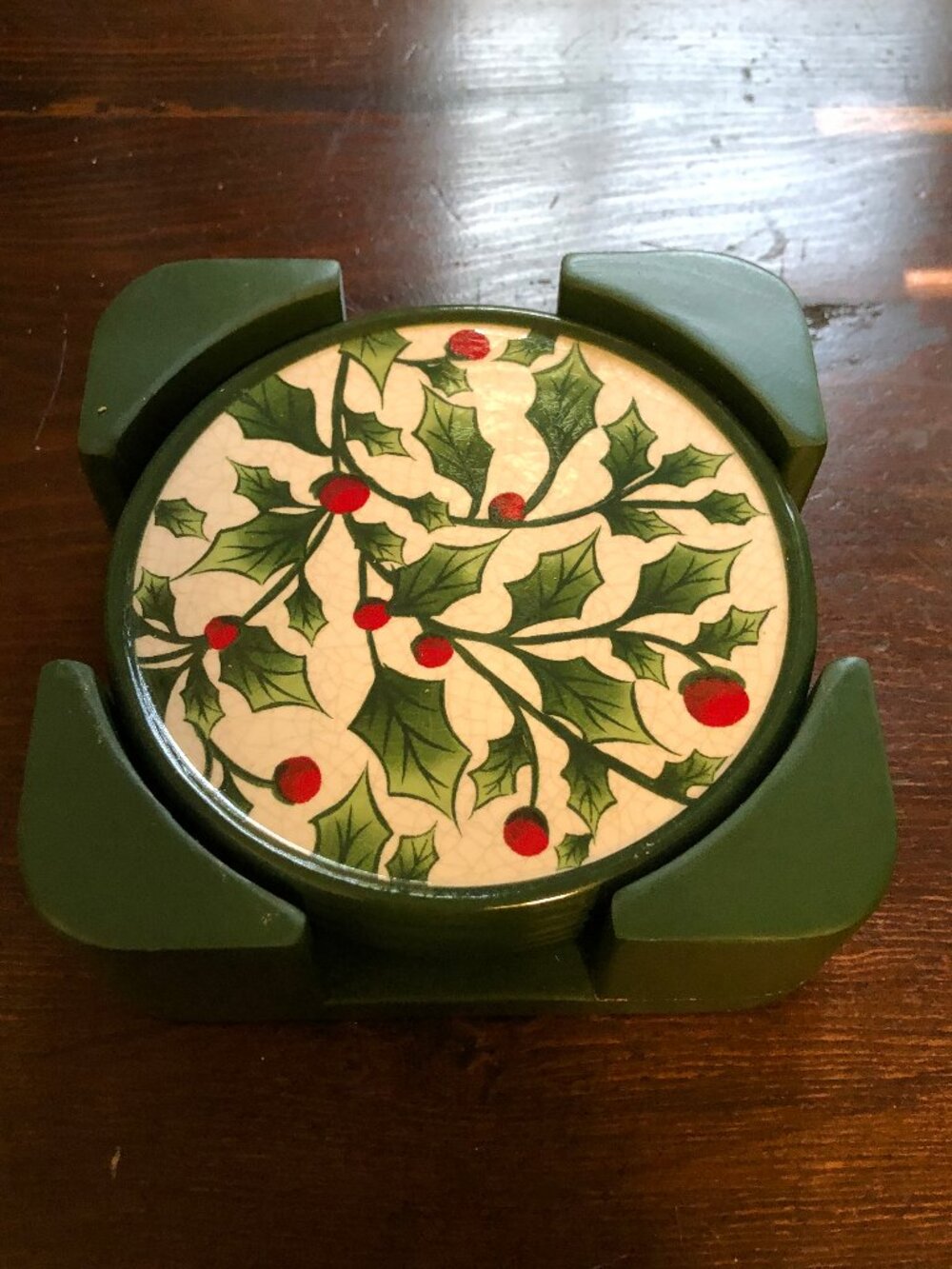 4 Vintage Pacific Rim handpainted Holly Berry ceramic coasters with holder